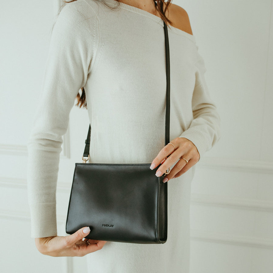 Person holding a black crossbody bag against a white background